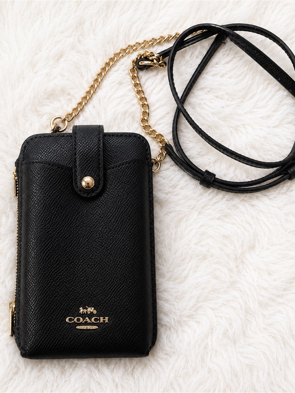 COACH Black Leather Crossbody Phone Wallet with Gold Chain